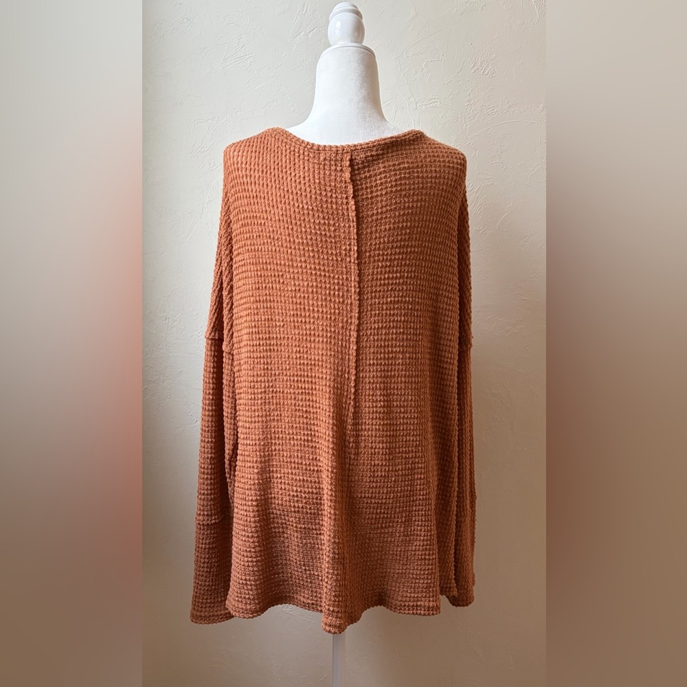 EFAN Rust Orange Waffle Knit Thermal Top Oversized Boho Long Sleeve Large - Picture 8 of 10